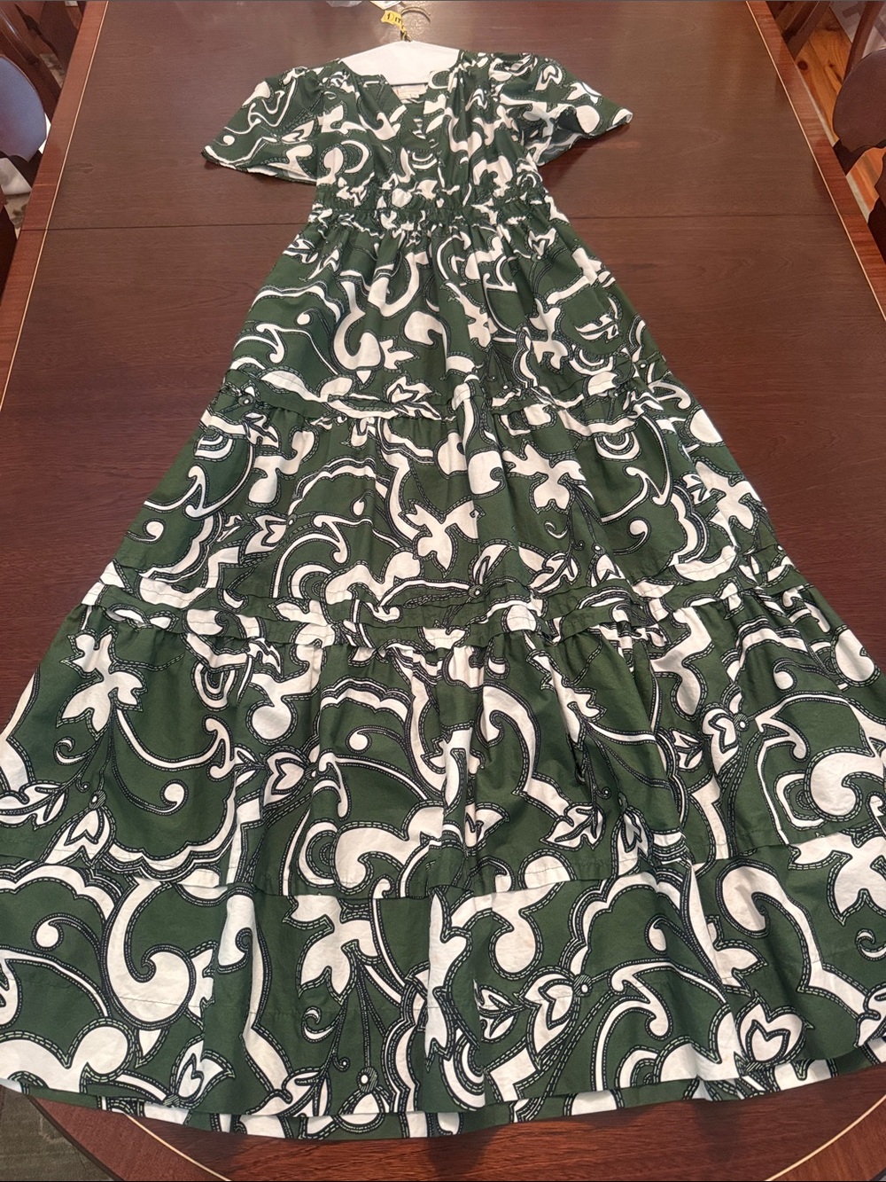Women's Anthropologie Somerset Green & White Printed Tiered Maxi Dress Size XXS